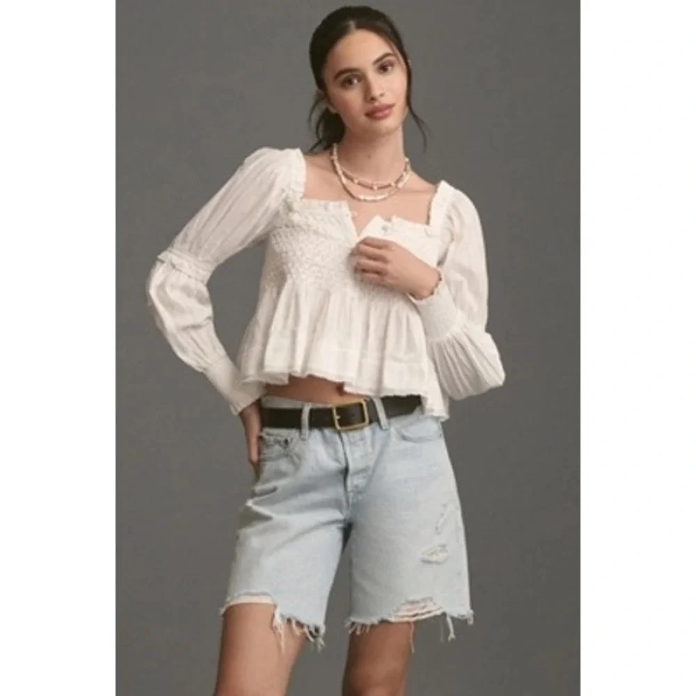 Anthropologie White Smocked Peplum Blouse Square Neck Long Sleeve